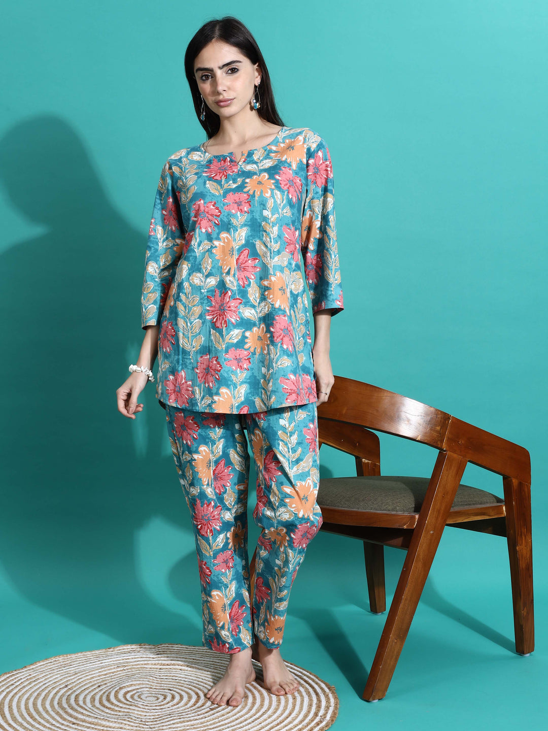 Teal Orange Printed Cotton Women’s Pajama Set