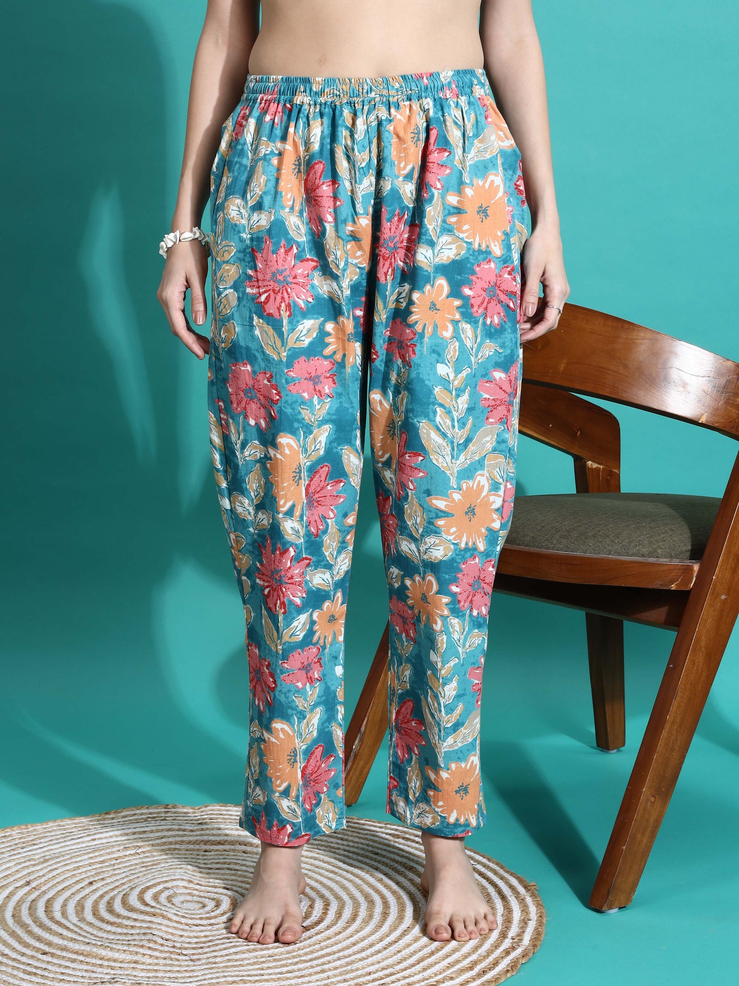 Teal Orange Printed Cotton Women’s Pajama Set