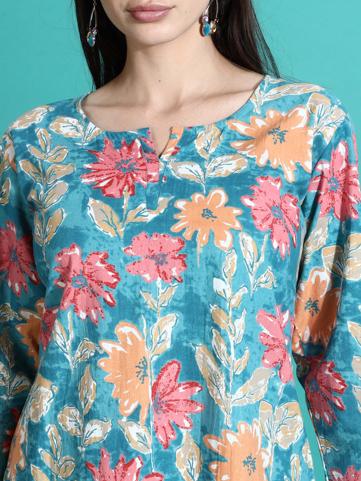 Teal Orange Printed Cotton Women’s Pajama Set