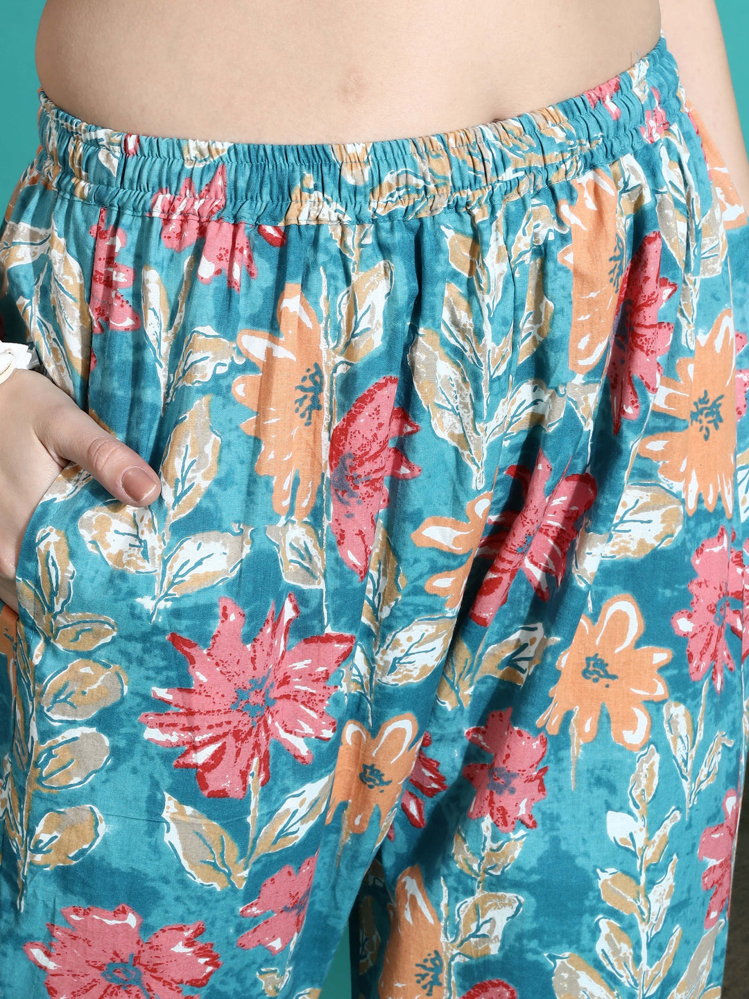 Teal Orange Printed Cotton Women’s Pajama Set