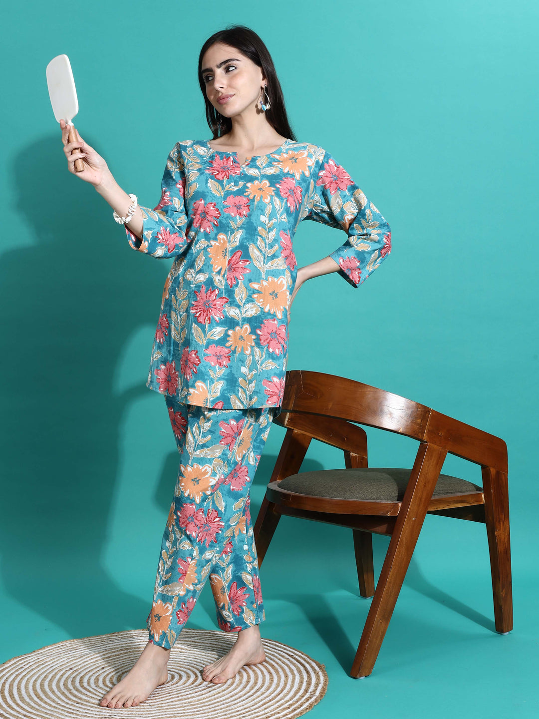 Teal Orange Printed Cotton Women’s Pajama Set