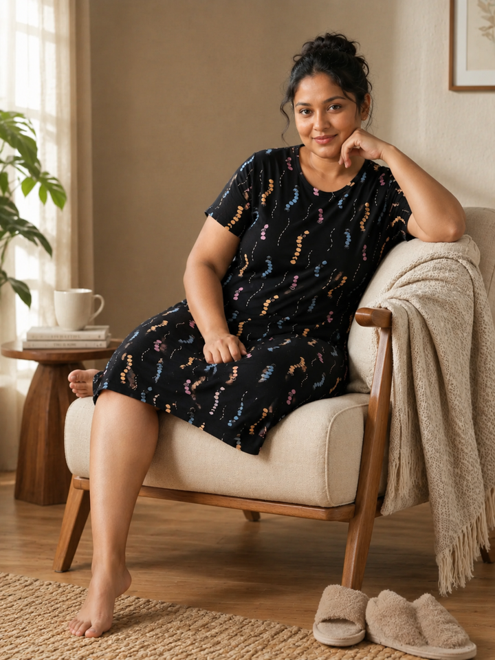 Black Printed Cotton Short Nighty for Women Comfortable Fit
