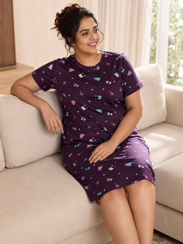 Elegant Wine Cotton Premium Short Nighty for Women