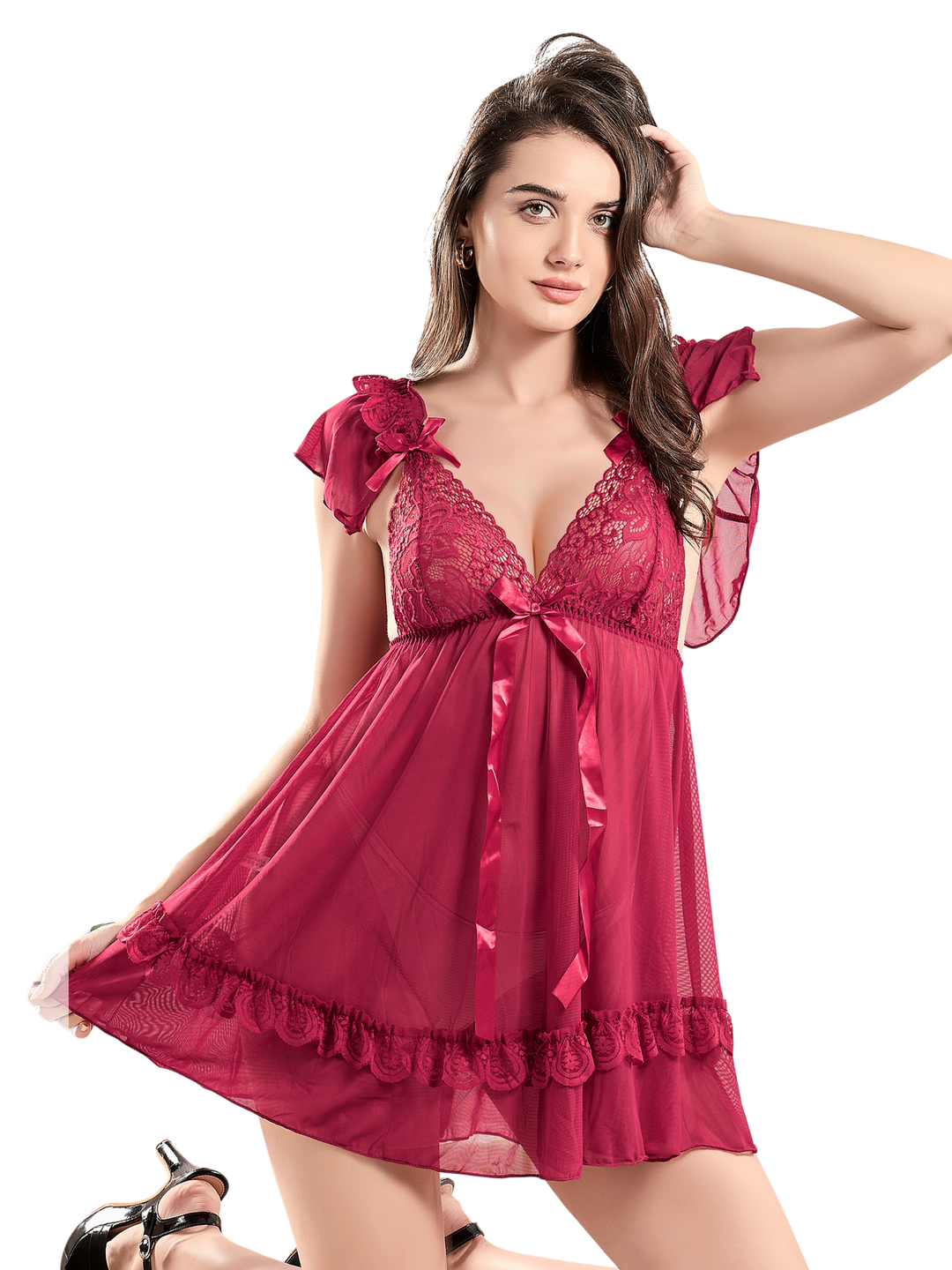 Rose Blush Sheer Powernet Babydoll Dress with Floral Lace