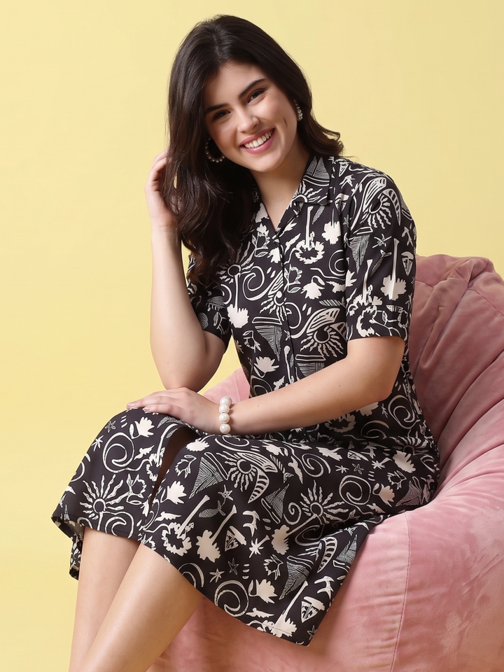 Twilight Florals Button-Down A-Line Nighty for Women