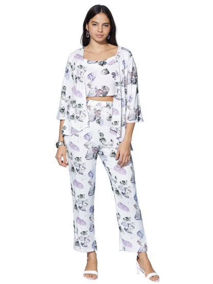 Lilac Grey Print 3 Piece Coord Set for Women with Shrug and Crop Top