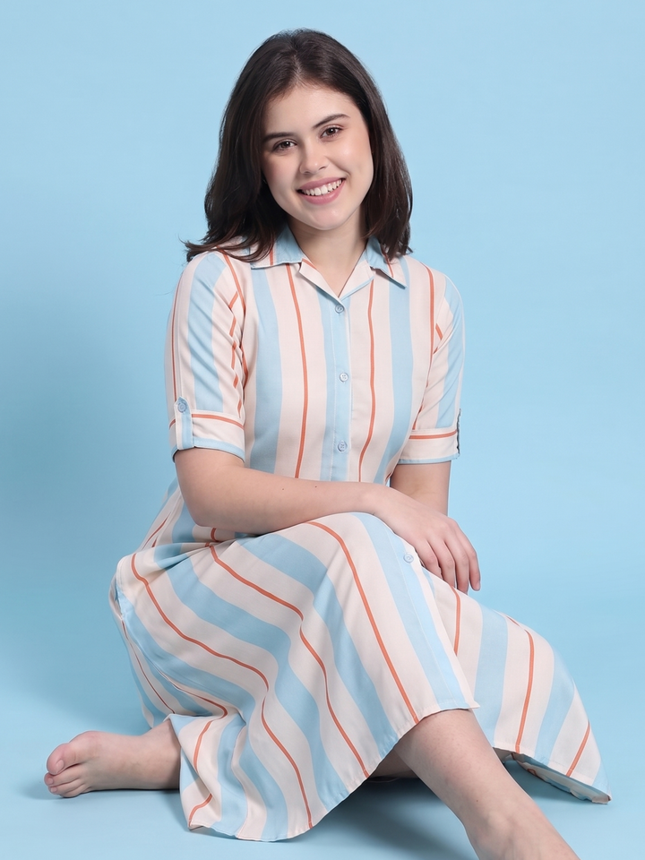Beach Vibe Printed A-Line Short Nighty for Women Soft Striped Dress
