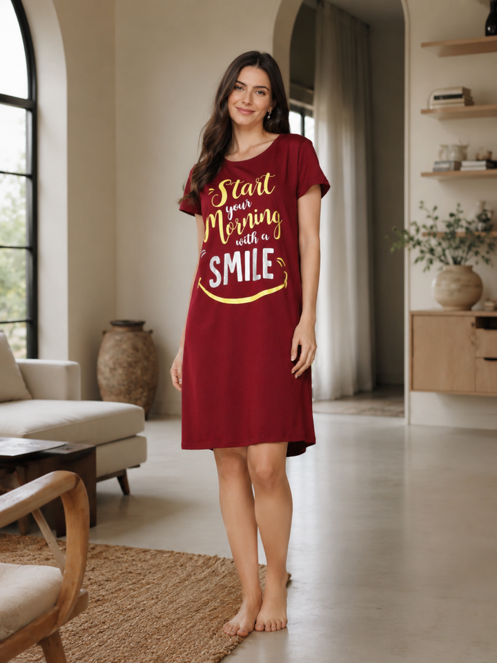 Soft High Quality Cotton Ruby Red Printed Short Nighty for Women