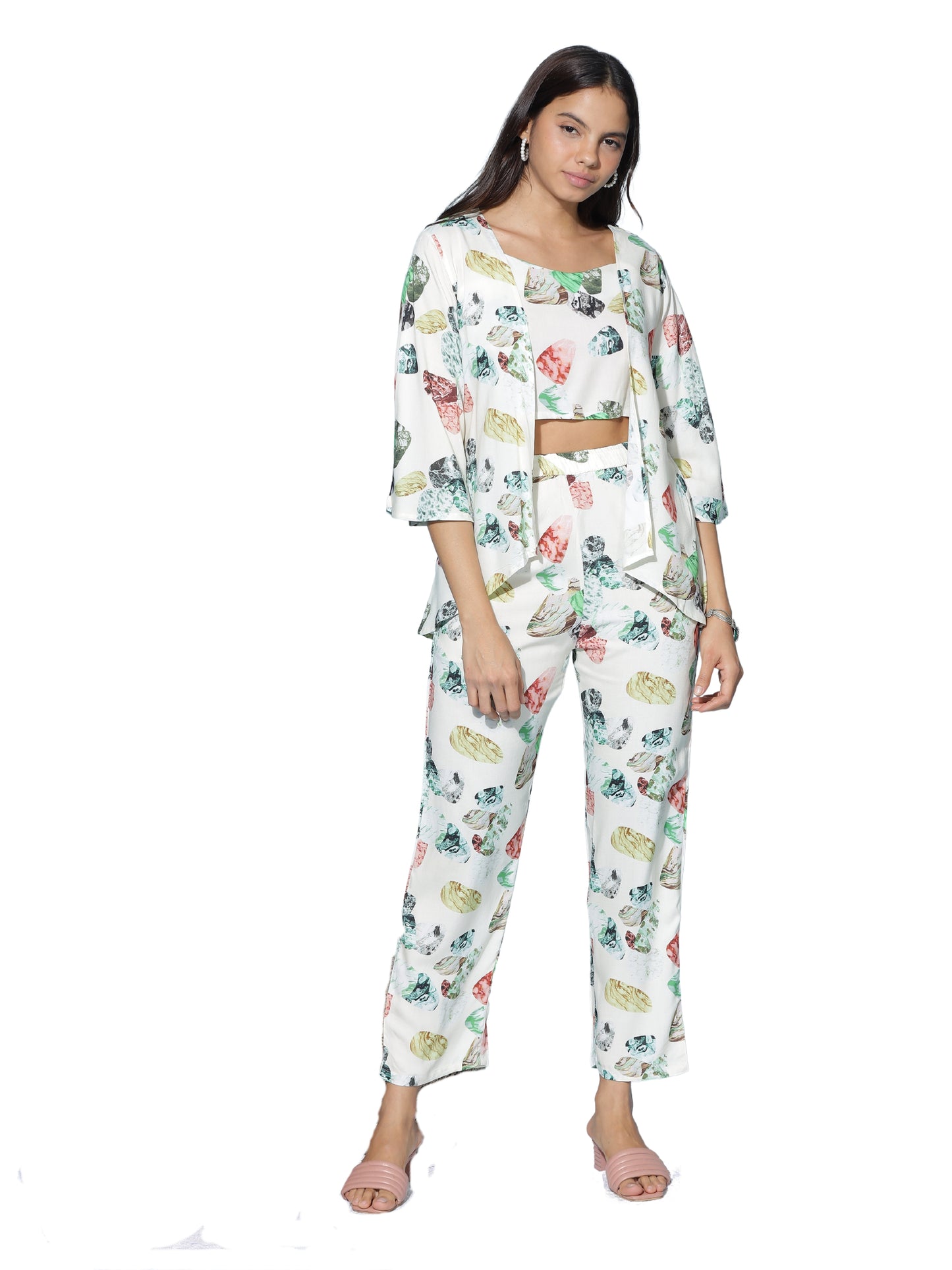 Ivory Multi Leaf Print 3 Piece Coord Set for Women with Shrug and Crop Top