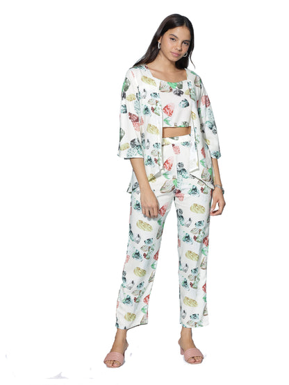 Ivory Multi Leaf Print 3 Piece Coord Set for Women with Shrug and Crop Top