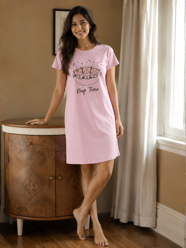 Baby Pink Knee Length Cotton Printed Short Nighty for Women