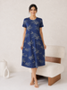 Blue Leaf Printed Cotton Short Nighty for Women Relaxed Fit