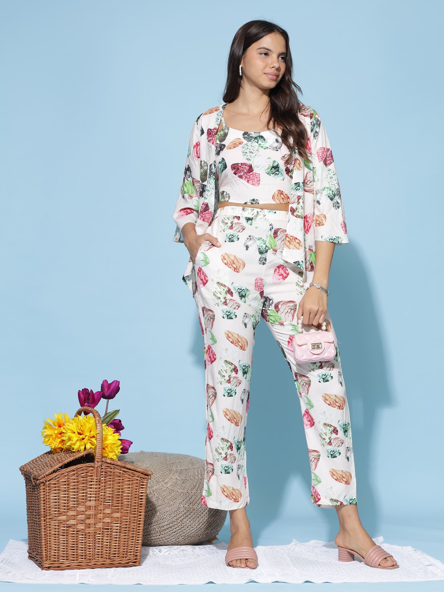 White Multi Floral 3 Piece Coord Set for Women