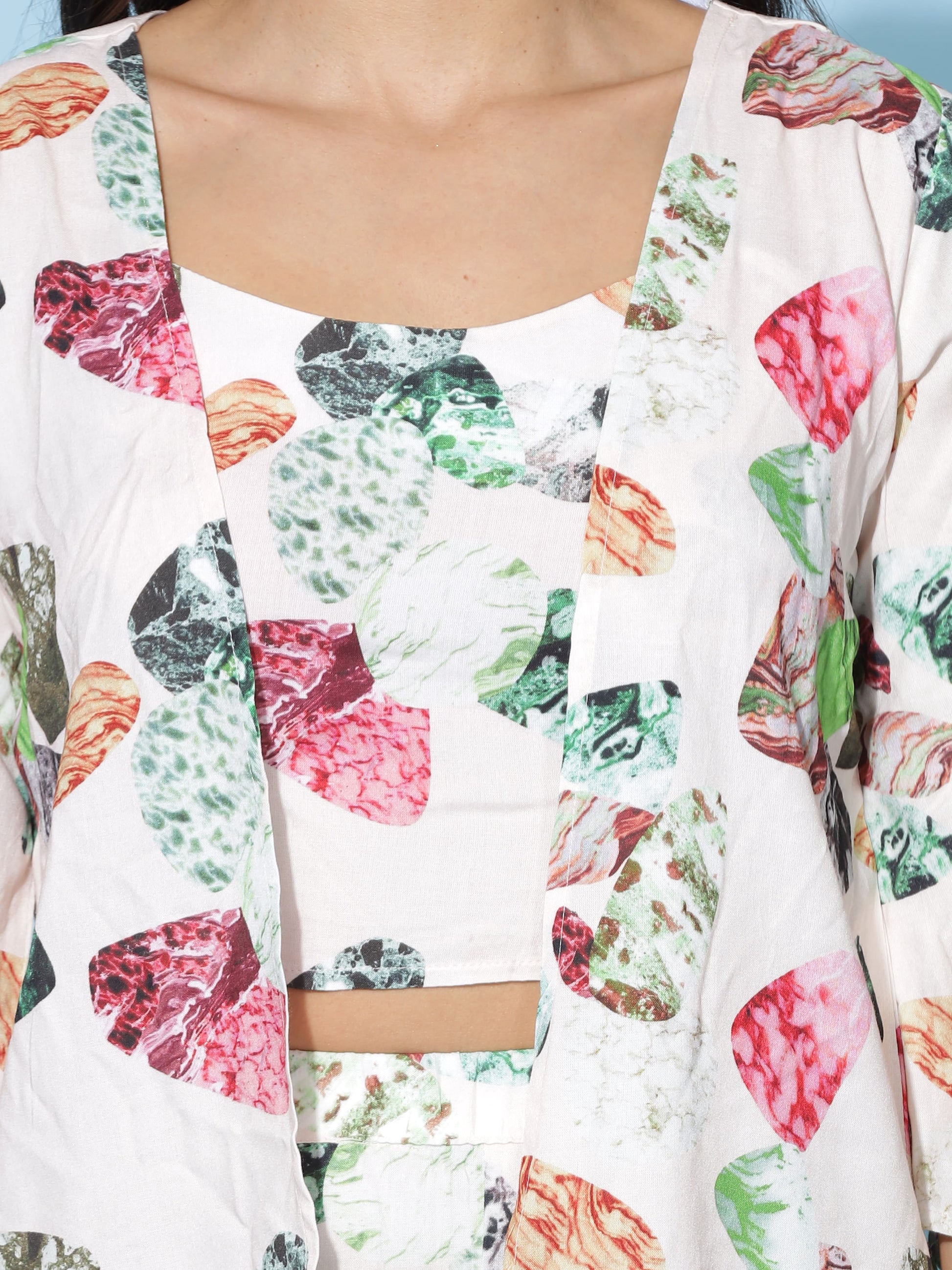 White Multi Floral 3 Piece Coord Set for Women