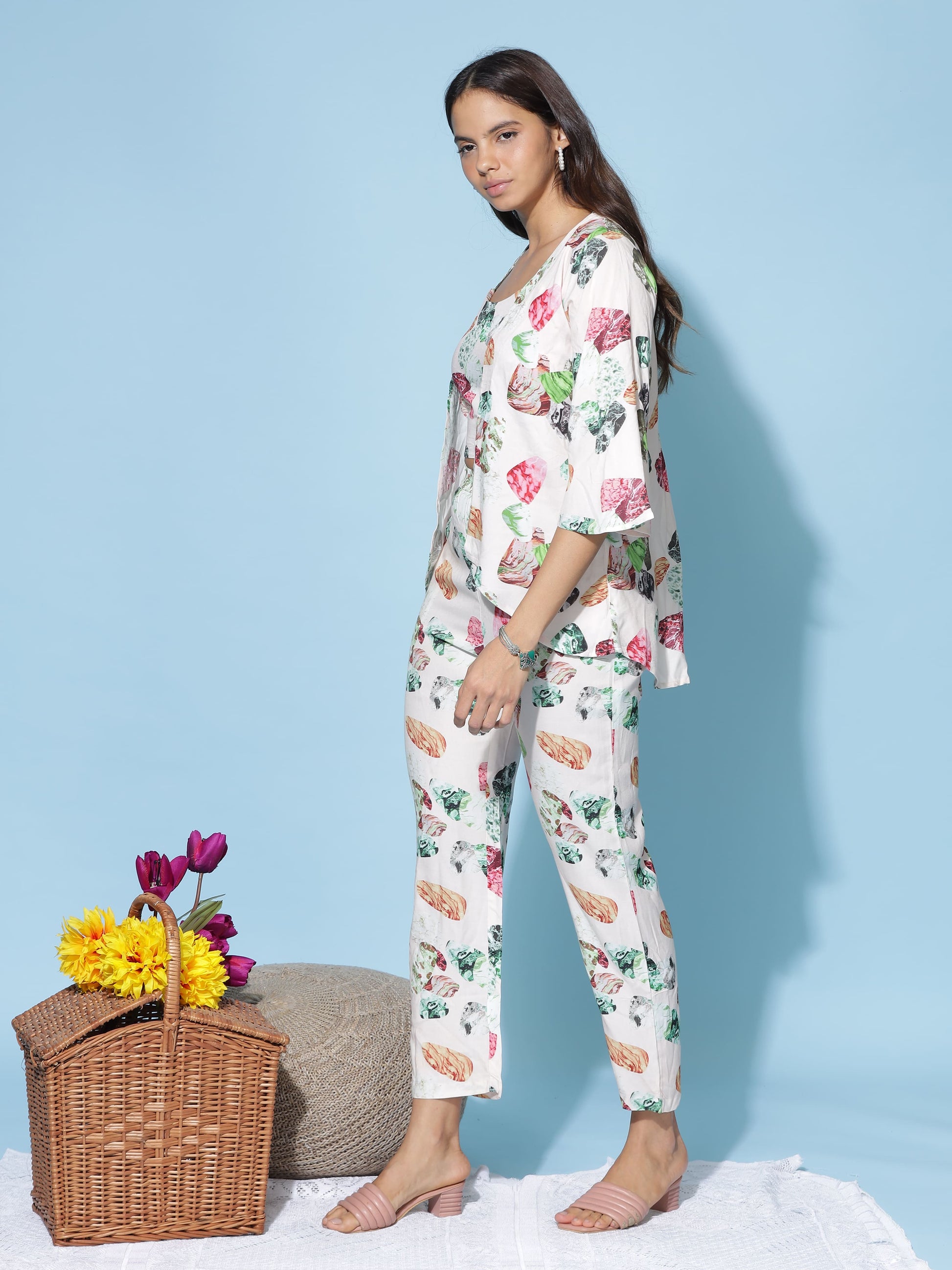 White Multi Floral 3 Piece Coord Set for Women