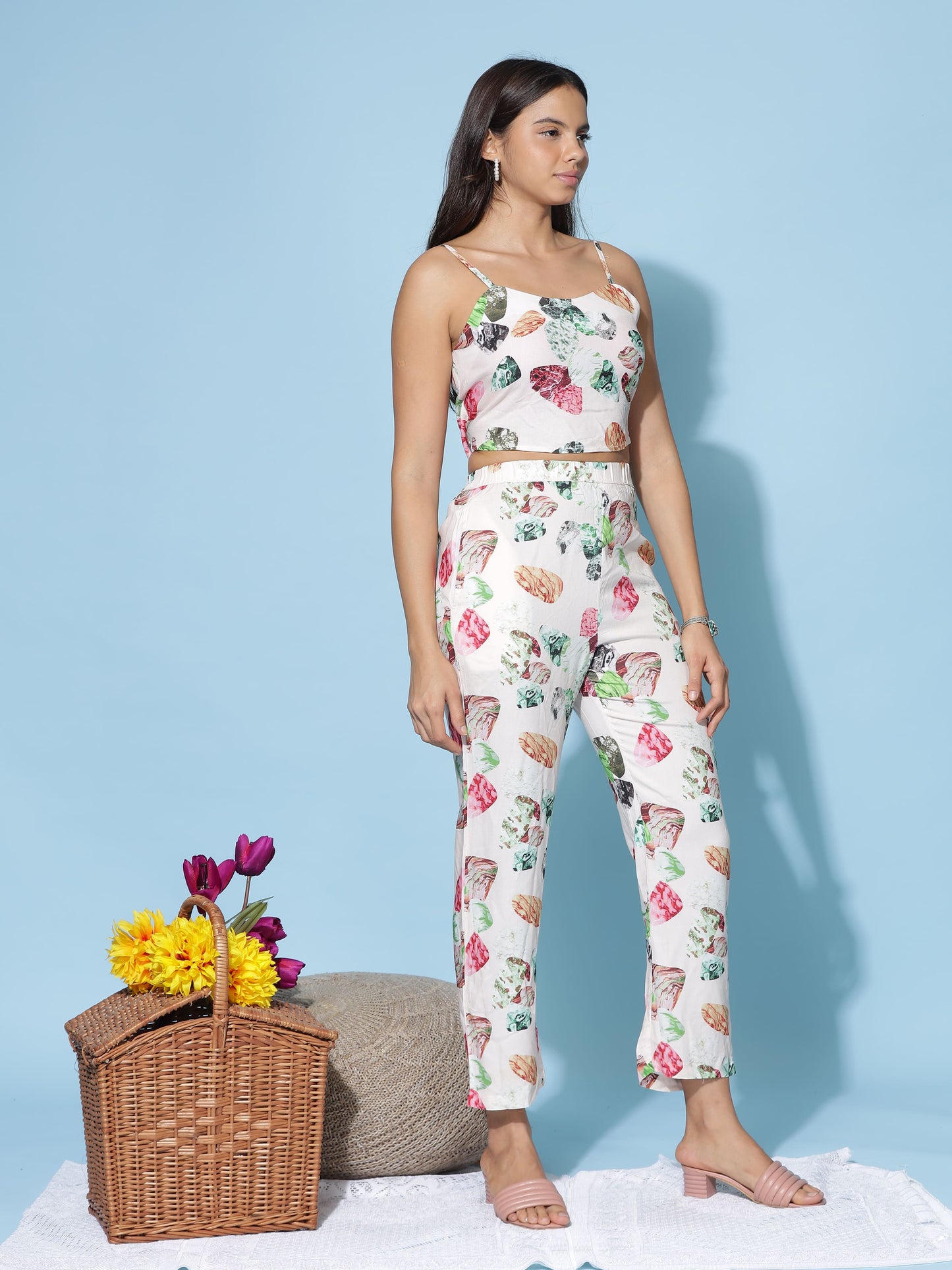 White Multi Floral 3 Piece Coord Set for Women