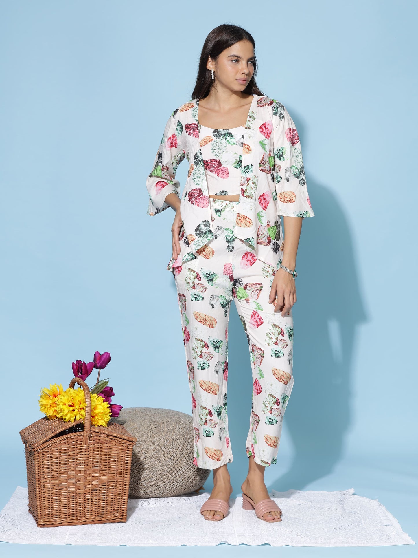 White Multi Floral 3 Piece Coord Set for Women