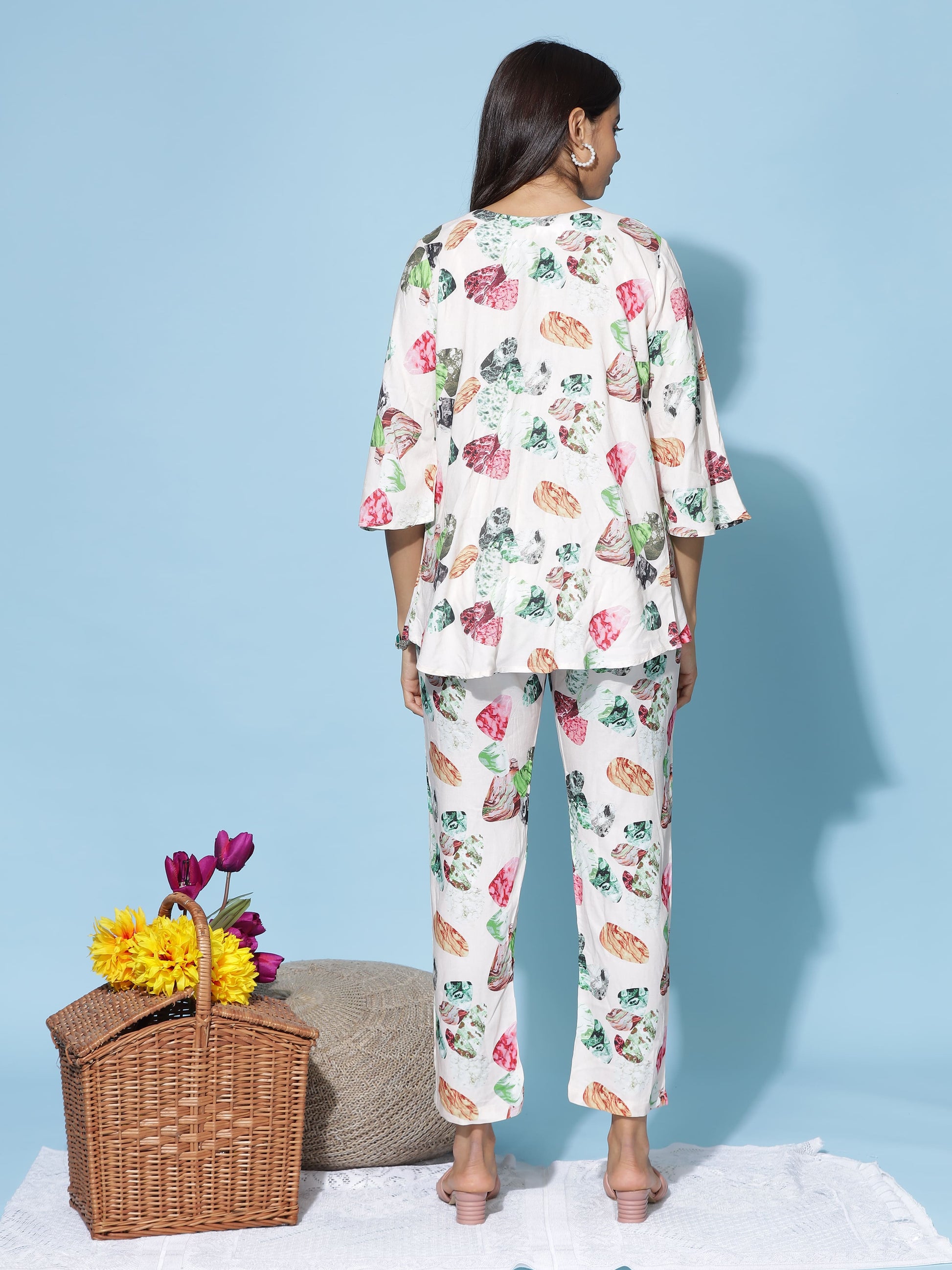 White Multi Floral 3 Piece Coord Set for Women