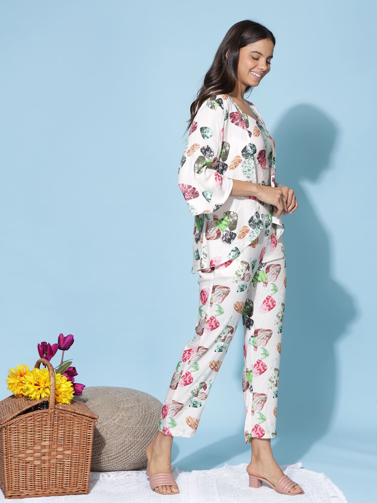 White Multi Floral 3 Piece Coord Set for Women