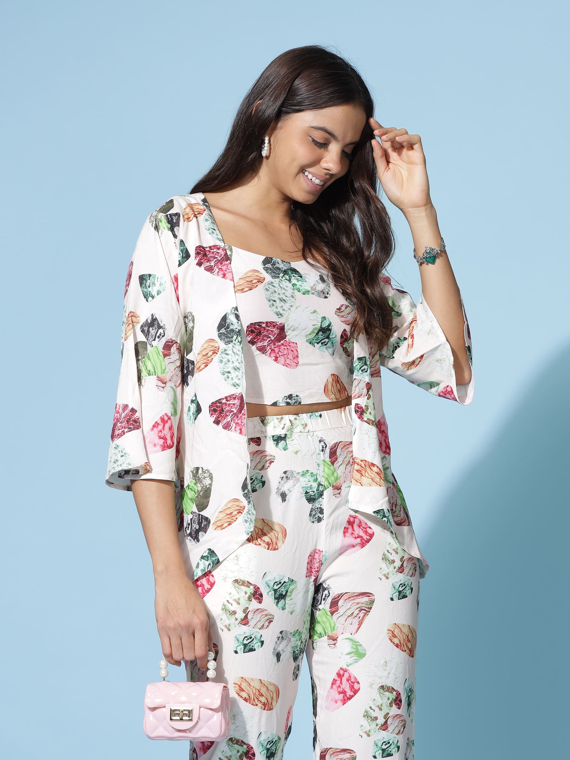 White Multi Floral 3 Piece Coord Set for Women