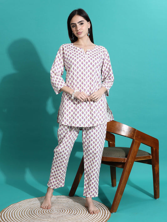 White Pink Pure Cotton Coord Set for Women