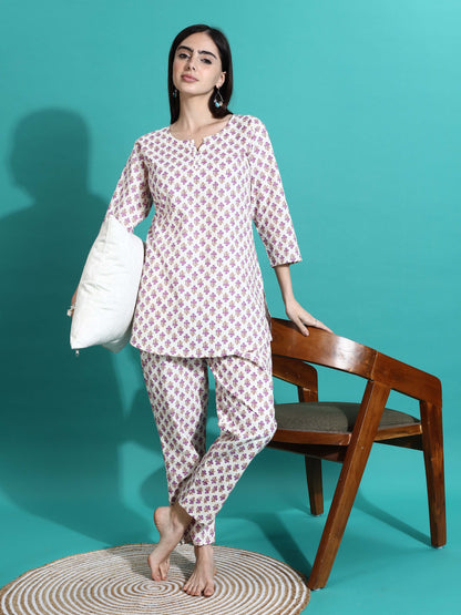White Pink Pure Cotton Coord Set for Women