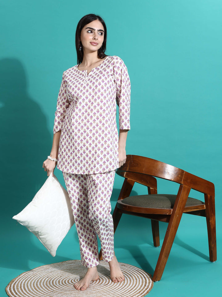 White Pink Pure Cotton Coord Set for Women