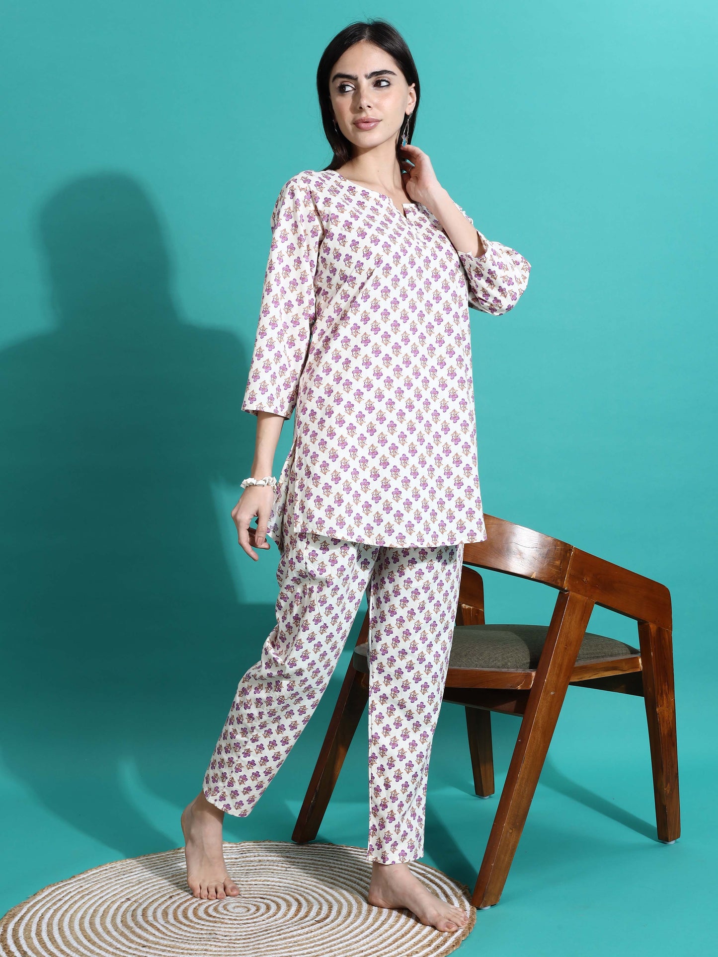 White Pink Pure Cotton Coord Set for Women