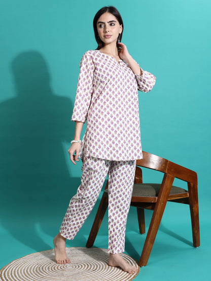 White Pink Pure Cotton Coord Set for Women