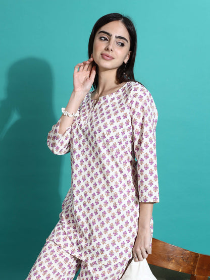 White Pink Pure Cotton Coord Set for Women