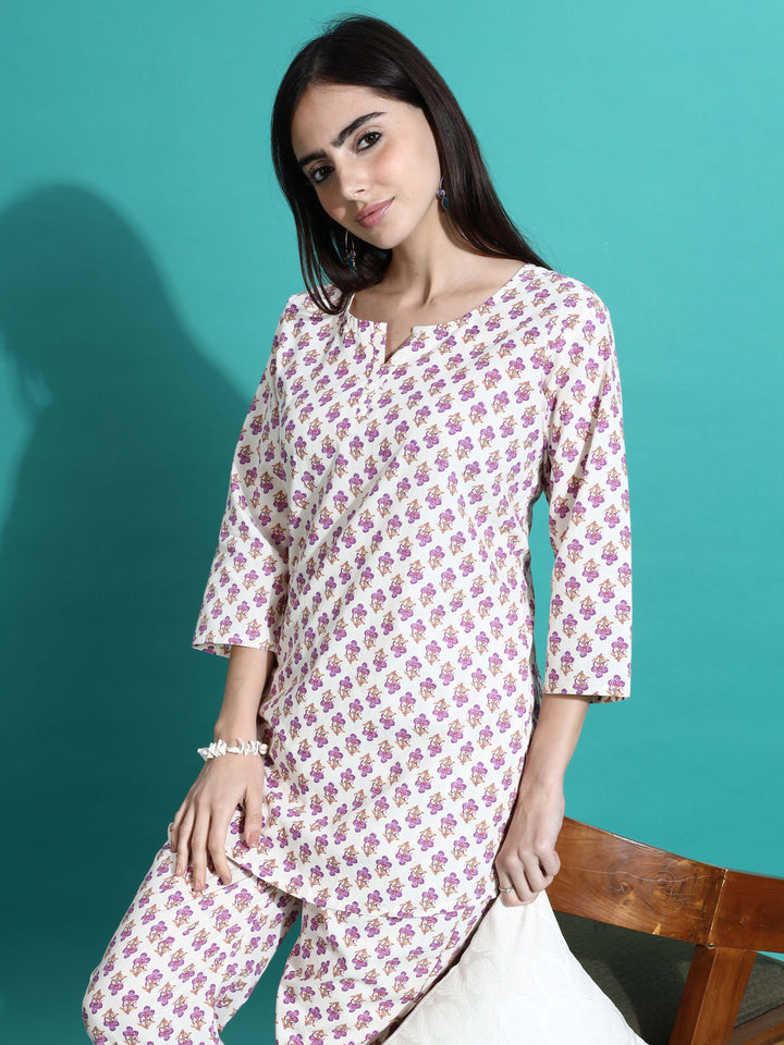 White Pink Pure Cotton Coord Set for Women