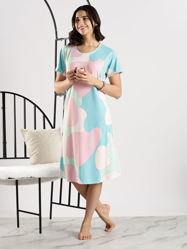 Gloss malai soft lycra white printed short nighty dress