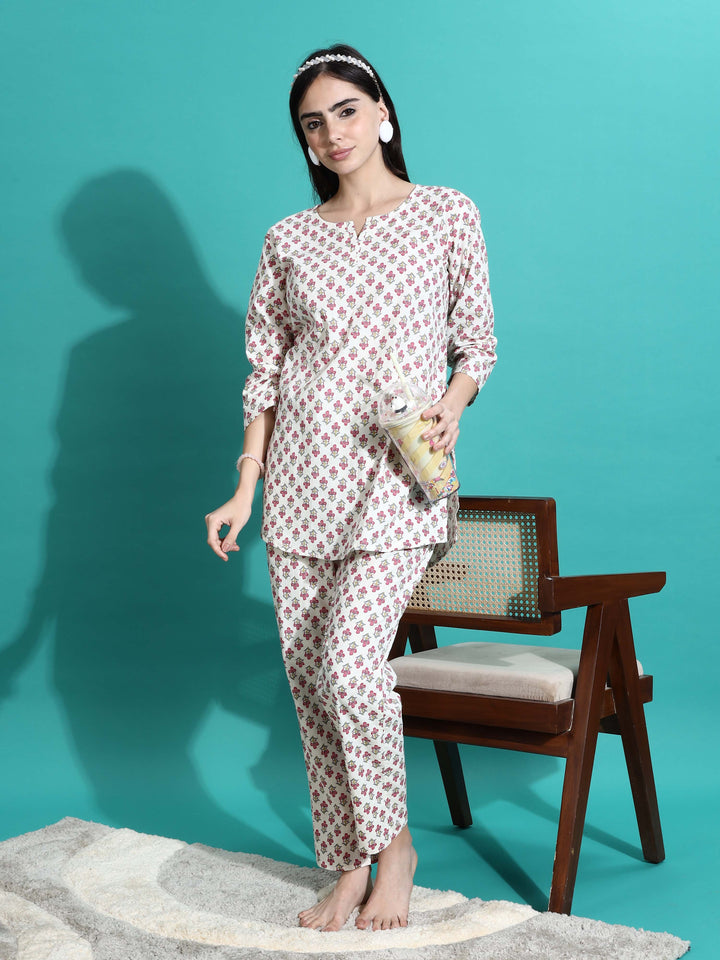 White Red Pure Cotton Branded Coord Set for Ladies