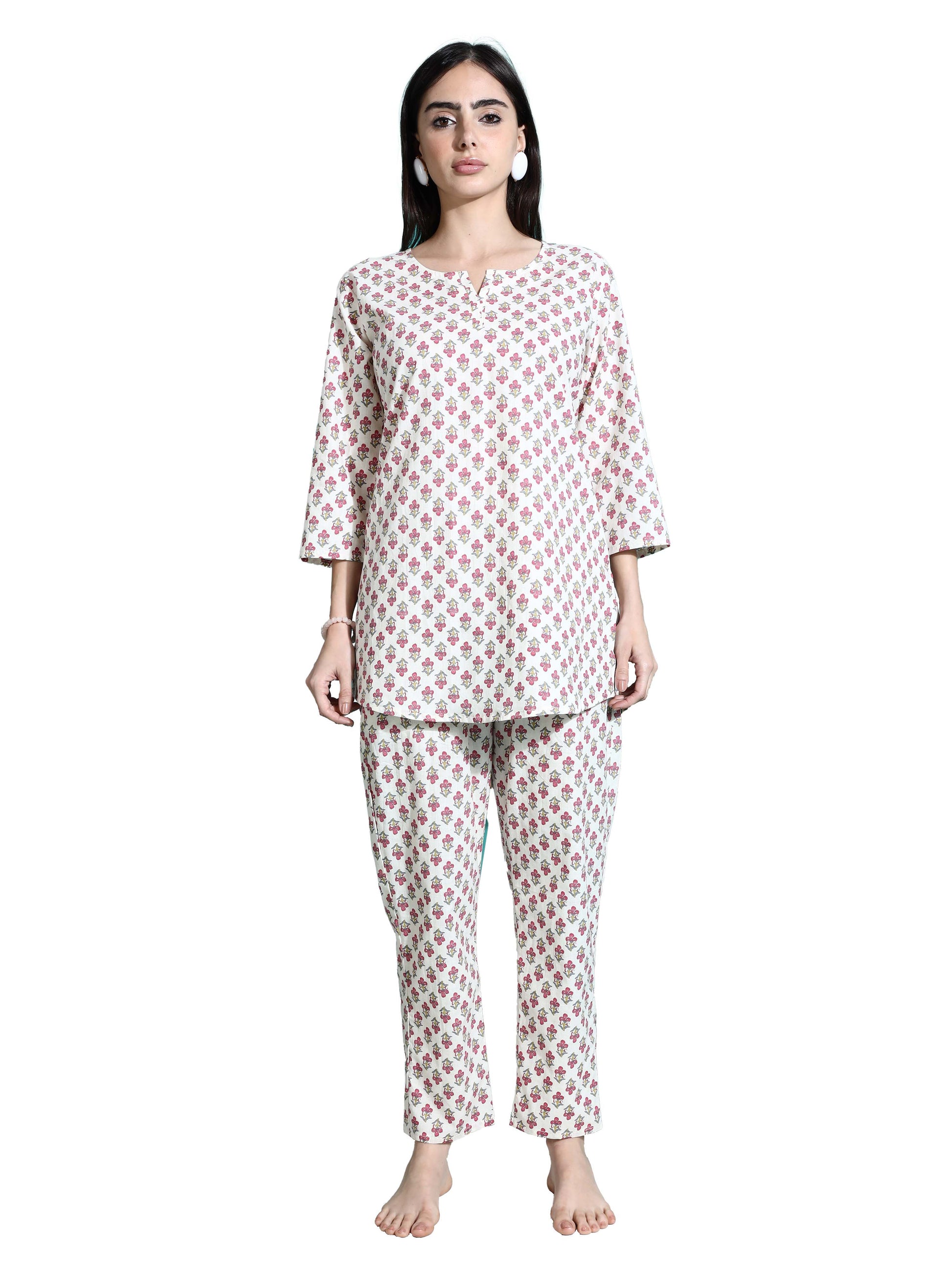 White Red Pure Cotton Branded Coord Set for Ladies