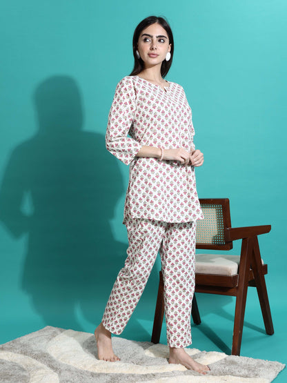 White Red Pure Cotton Branded Coord Set for Ladies