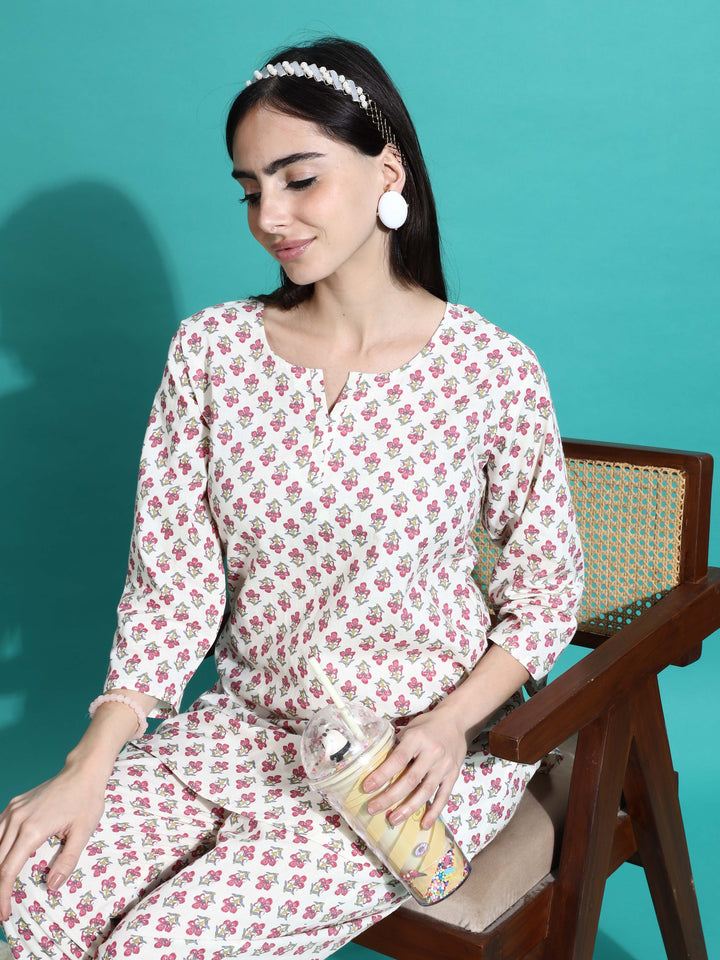 White Red Pure Cotton Branded Coord Set for Ladies