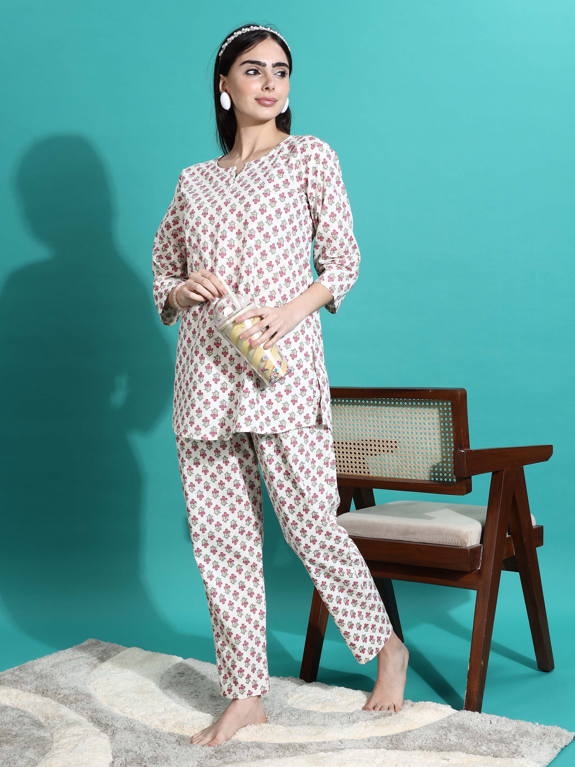 White Red Pure Cotton Branded Coord Set for Ladies