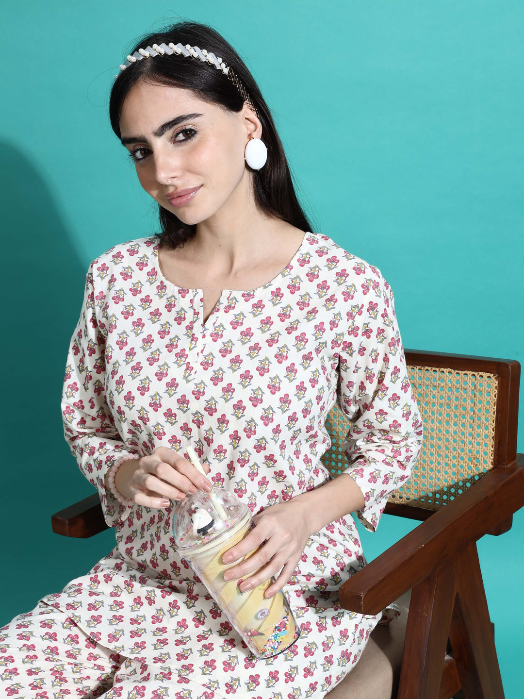 White Red Pure Cotton Branded Coord Set for Ladies