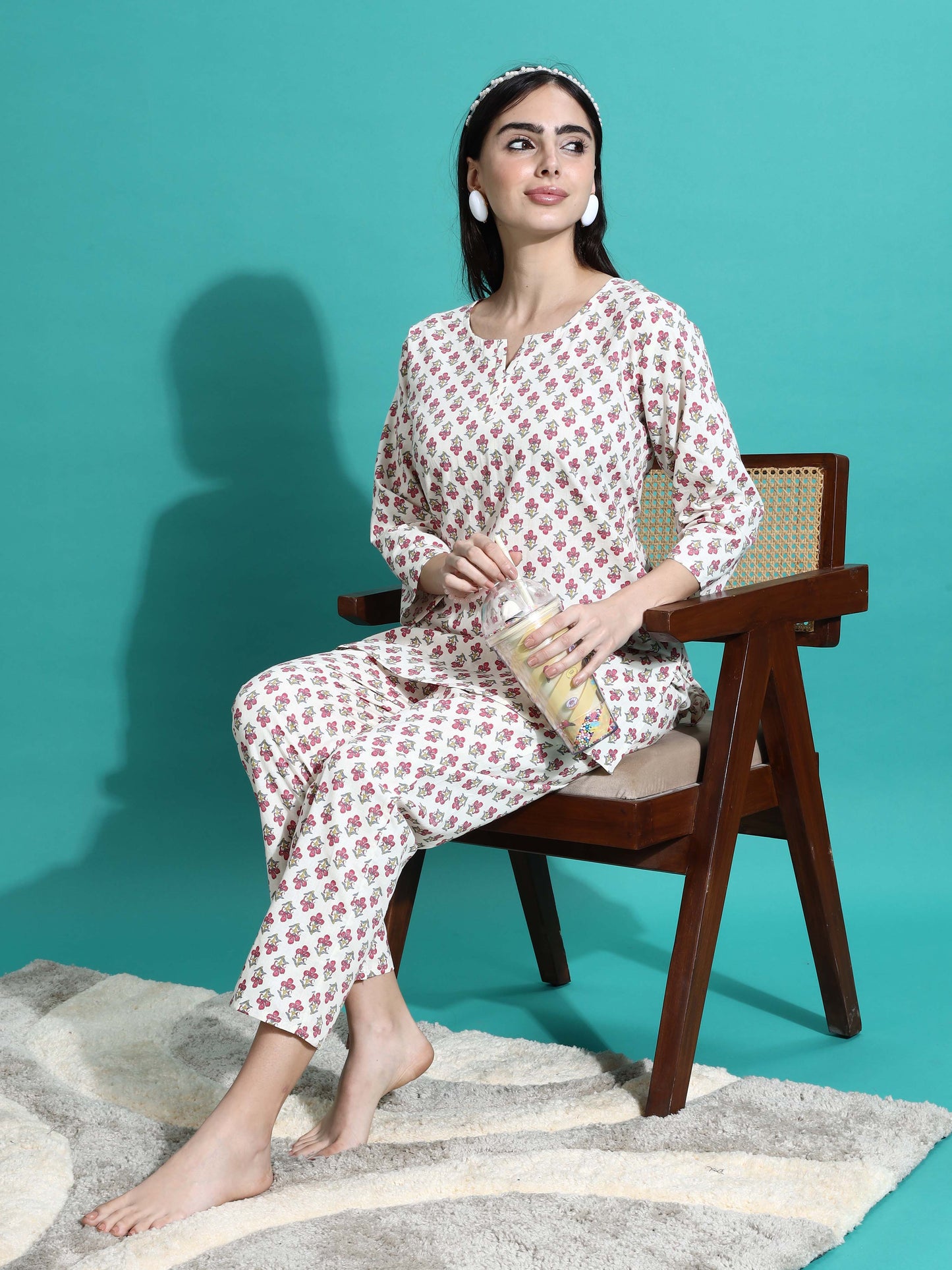 White Red Pure Cotton Branded Coord Set for Ladies