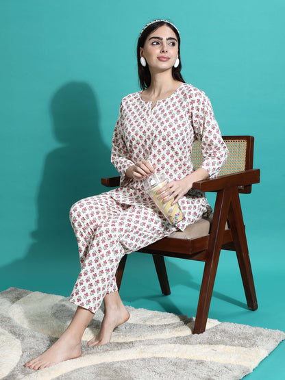 White Red Pure Cotton Branded Coord Set for Ladies