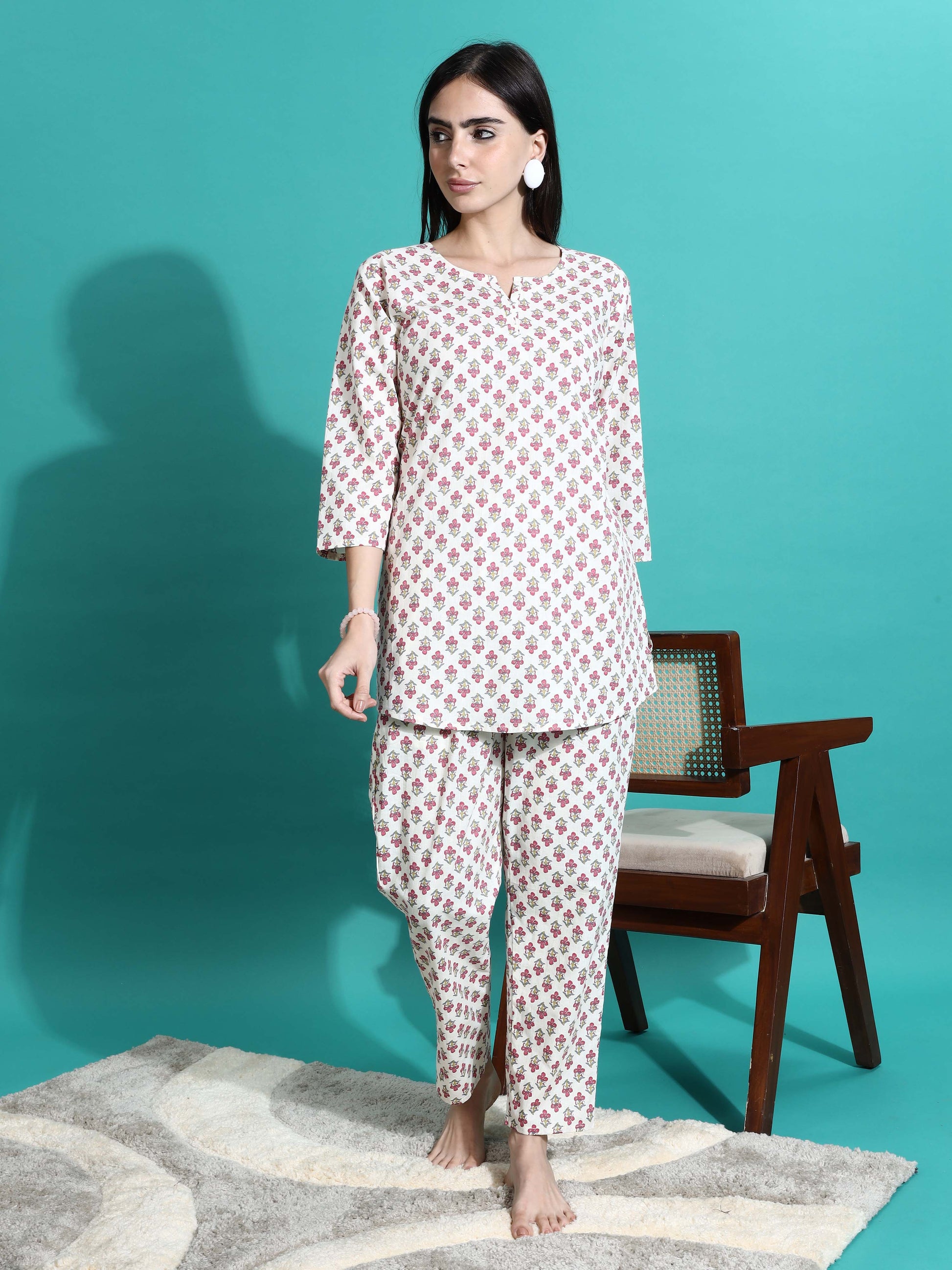White Red Pure Cotton Branded Coord Set for Ladies