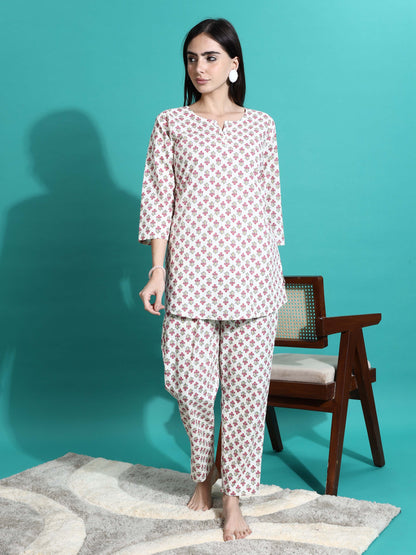 White Red Pure Cotton Branded Coord Set for Ladies