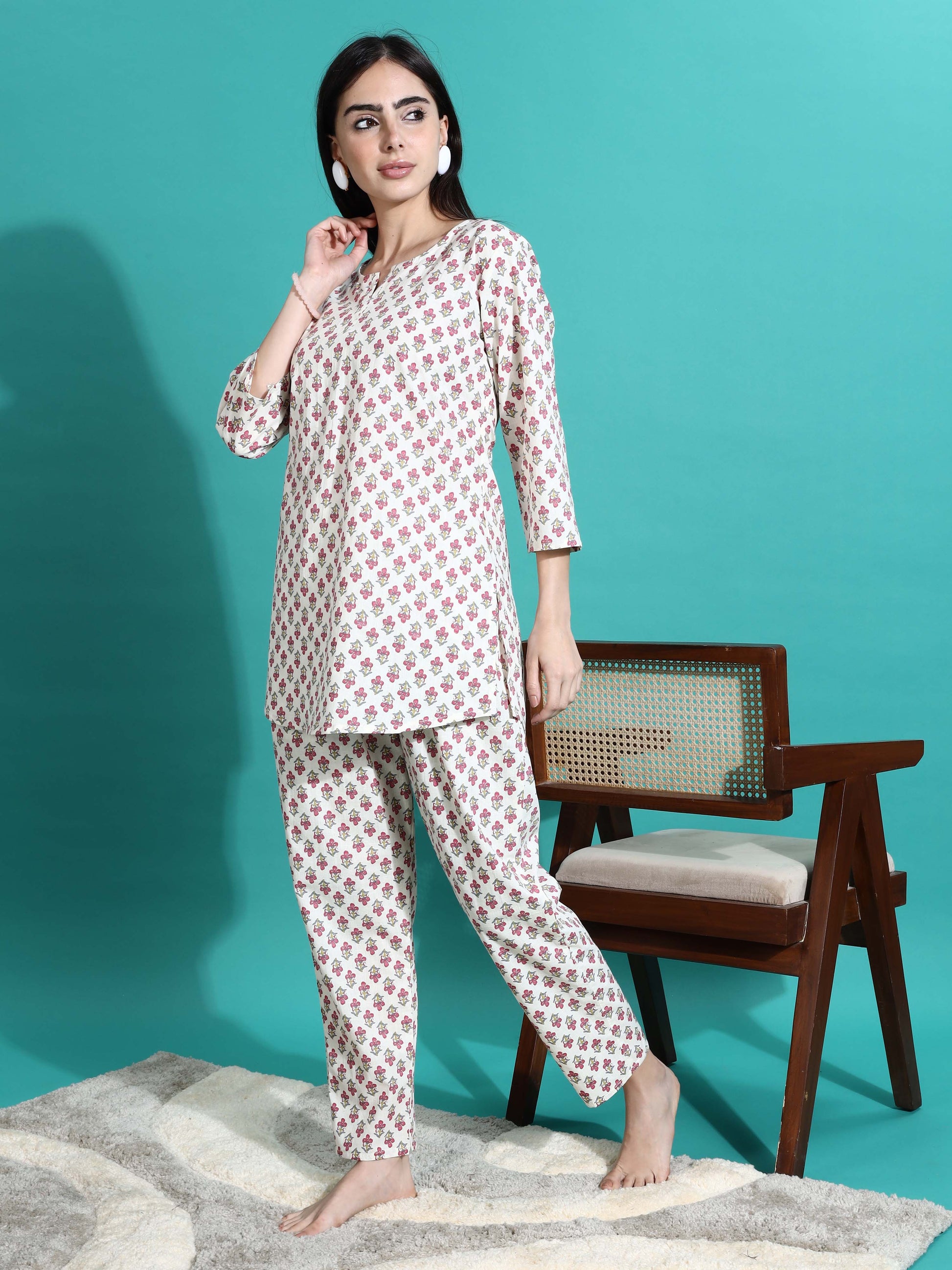 White Red Pure Cotton Branded Coord Set for Ladies