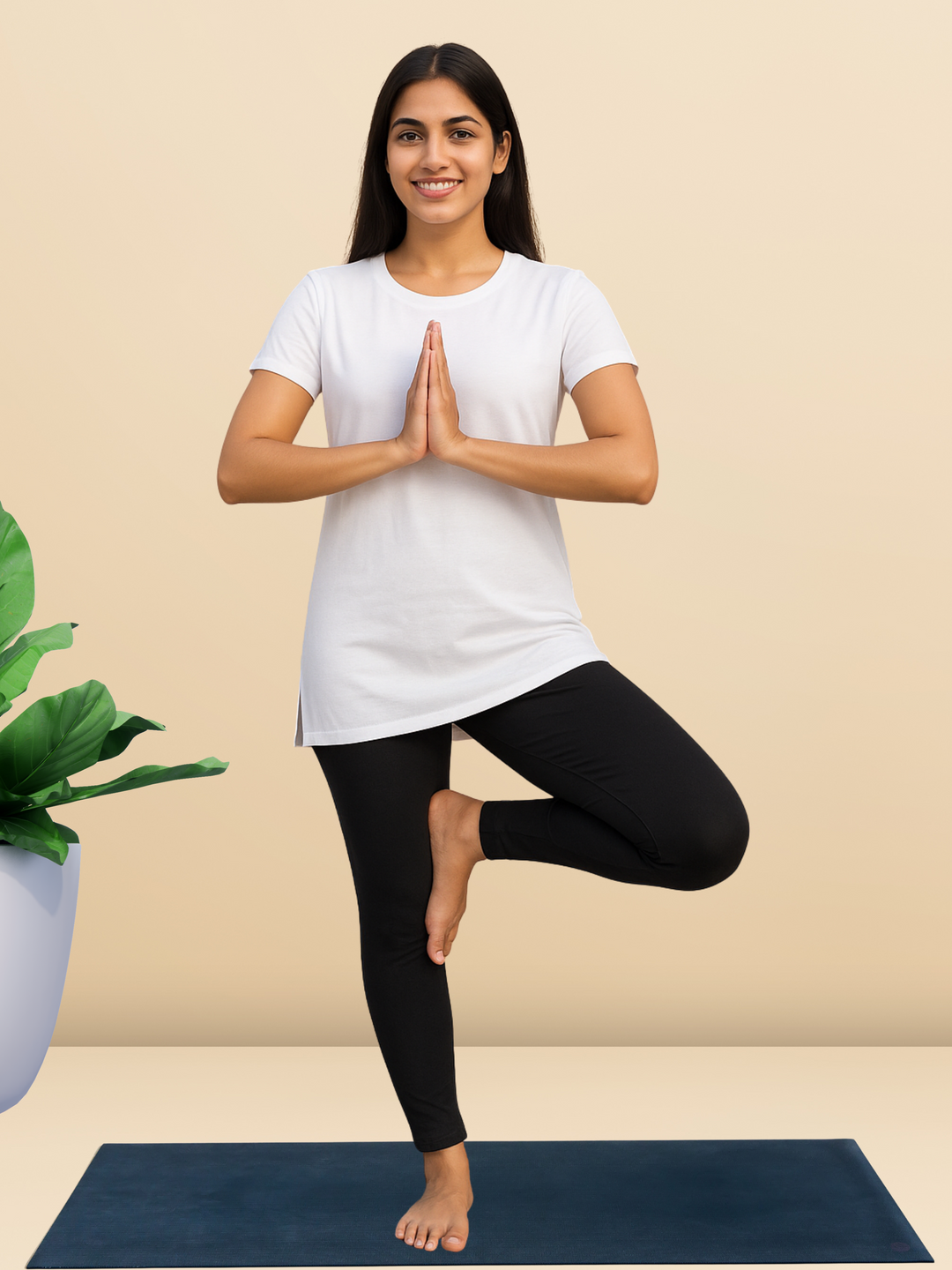 White cotton long tshirt for women with hip coverage for yoga and gym wear