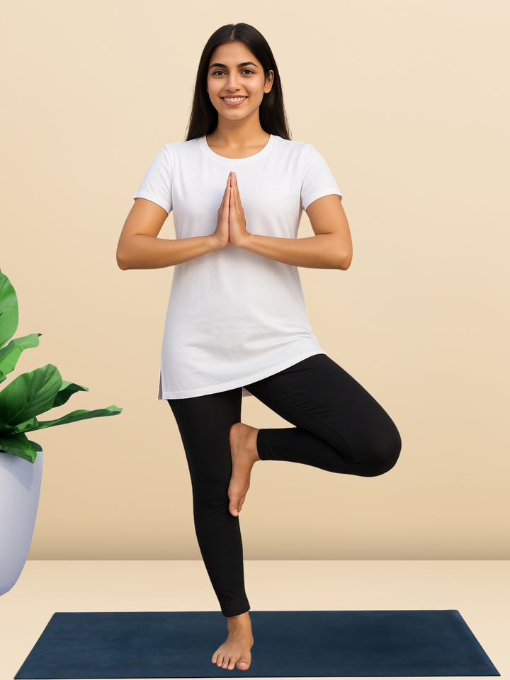 White cotton long tshirt for women with hip coverage for yoga and gym wear