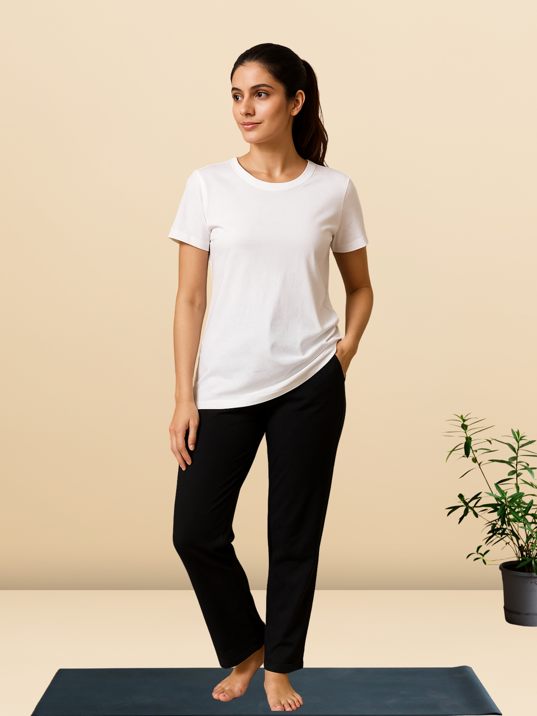White cotton long tshirt for women with hip coverage for yoga and gym wear