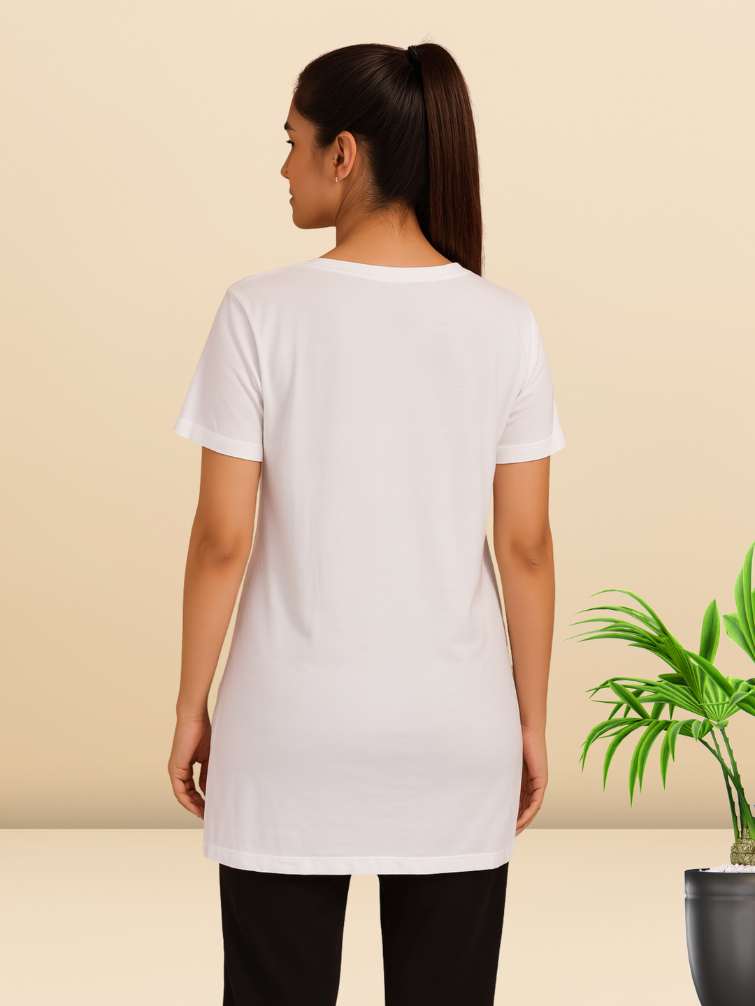 White cotton long tshirt for women with hip coverage for yoga and gym wear