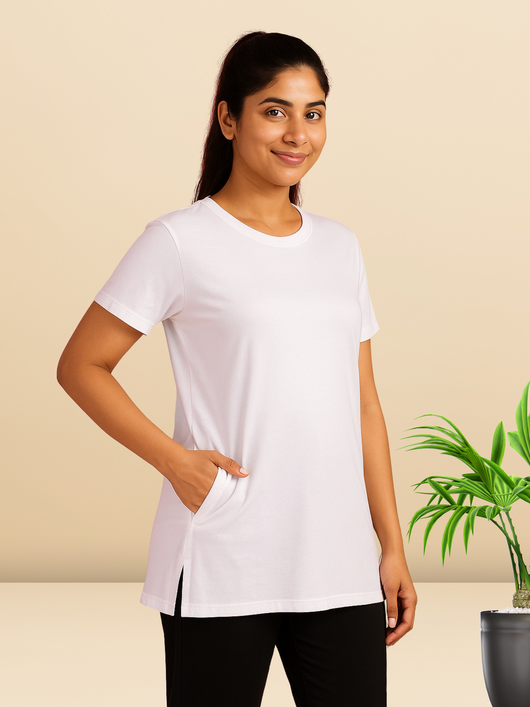 White cotton long tshirt for women with hip coverage for yoga and gym wear