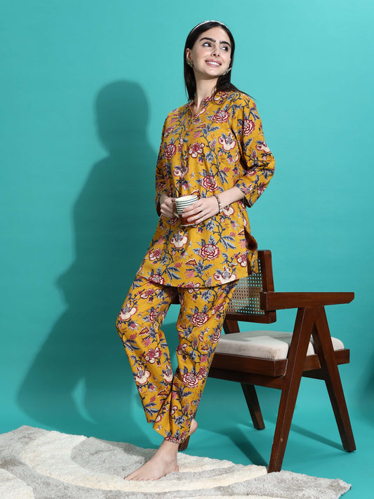 Marigold Yellow Floral Cotton Co-ord Set for Women