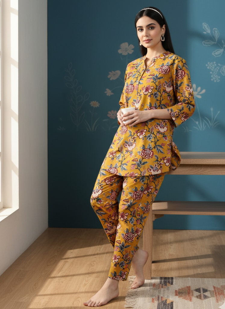 Marigold Yellow Floral Cotton Co-ord Set for Women